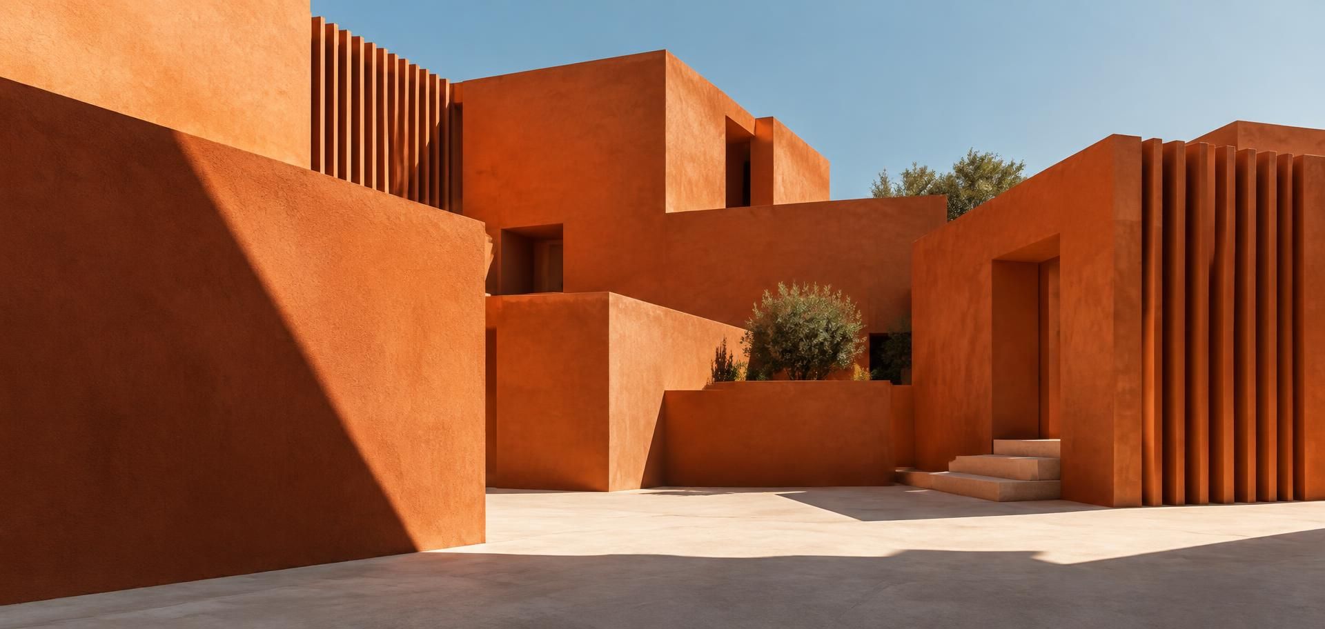 Sunlit orange architectural walls and courtyard under a clear sky
